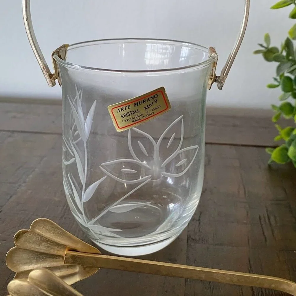 Murano Glass Kristall Lavorazione Etched Individual Ice Bucket with Tongs